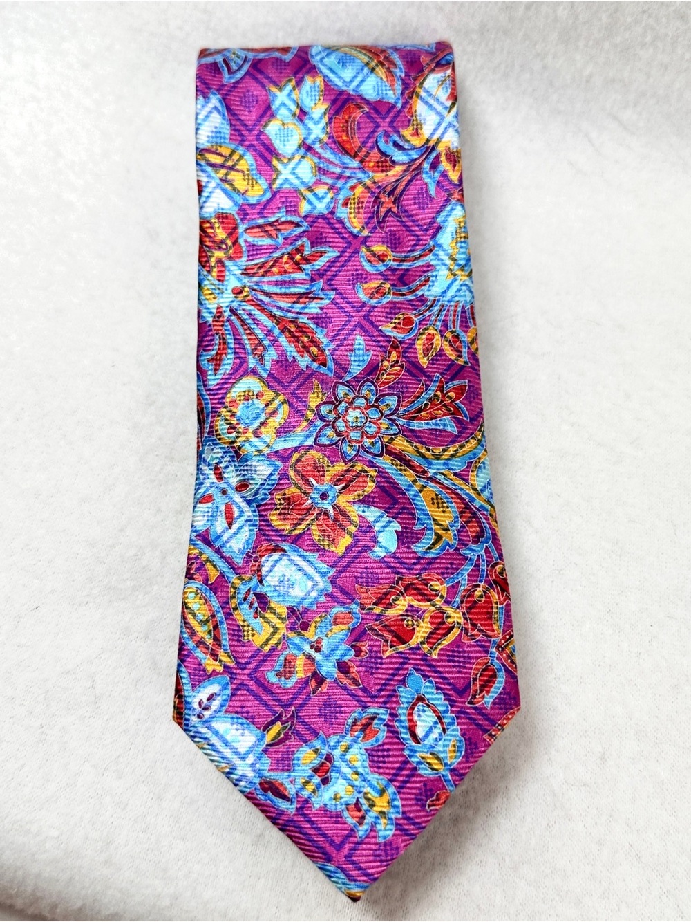 Pronto Uomo 100% Silk Floral Tie Geometric Fuchsia Blue Orange Vibrant